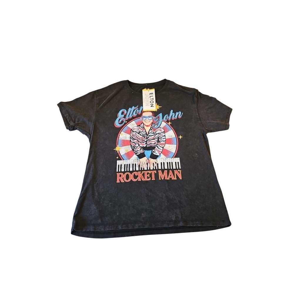 Elton John Rocket Man Graphic T-Shirt‎ Black Rhinestone Band Tee Medium NWT